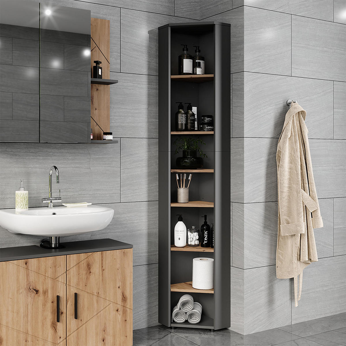 ECKHOCHSCHRANK Irma Anthrazit/Artisan 33 x 192 cm 7 Fächer - Anthrazit/Eiche Artisan, Holzwerkstoff (33/192/33cm) - Vicco