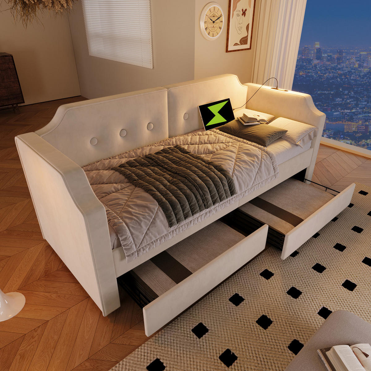 TAGESBETT 90x200cm Schlafsofa USB-C Leselicht 2 Schubladen Beige Samt - Beige, Holz (90/200cm) - FLIEKS