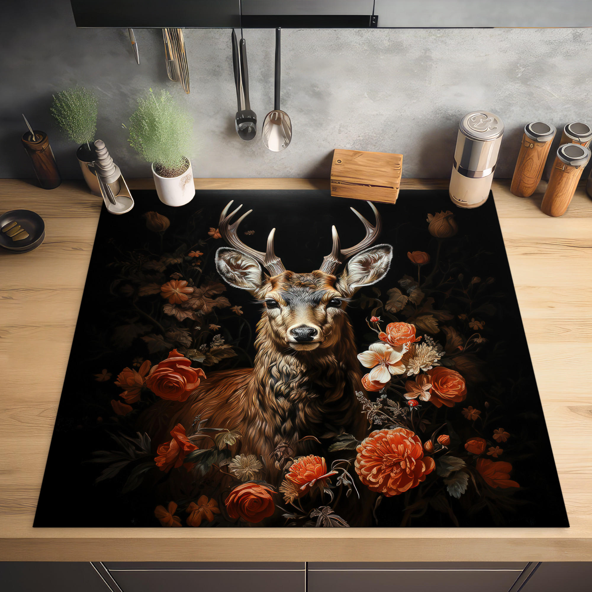 HERDABDECKPLATTE Hirsch - Tier - Blumen - Natur - Botanisch 78x78 cm - Kupferfarben, Kunststoff (78/0.2/78cm) - MuchoWow