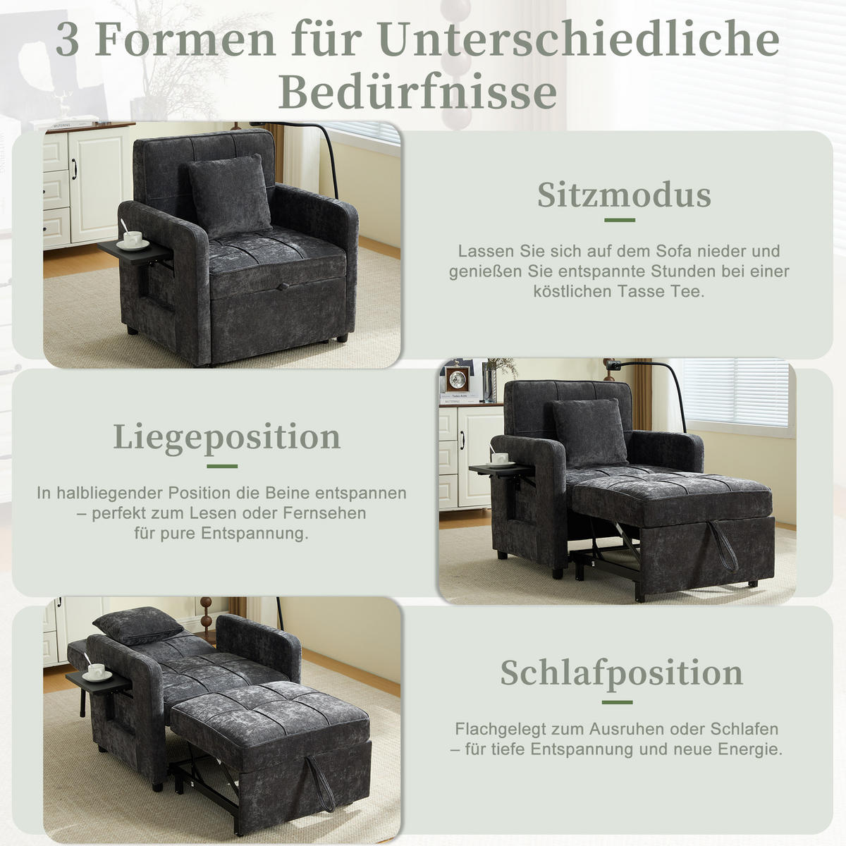SOFA Chenille Dunkelgrau mit Kissen, Stauraum und Handyhalterung - Dunkelgrau, Textil/Metall (79/83/167cm) - WISHDOR