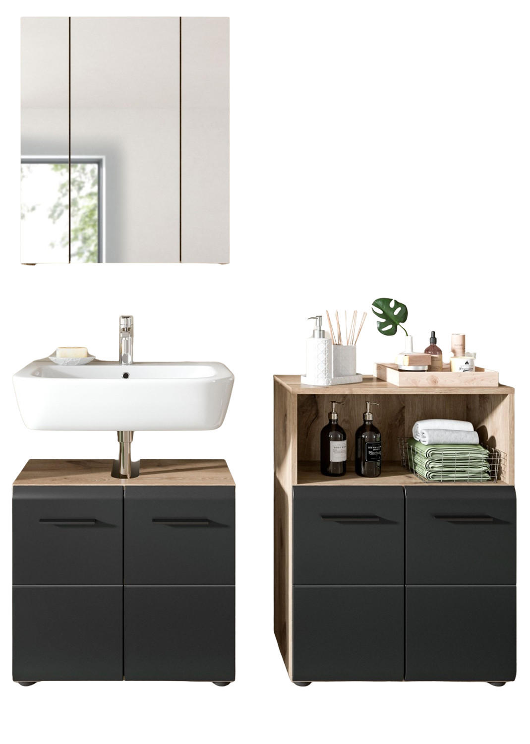 BADMÖBEL Set 3-teilig in schwarz matt und Nox Eiche Badkombination 135 x 185 cm Cover - Eichefarben/Schwarz, Glas/Holzwerkstoff (135/185/30cm) - Inn.Furn