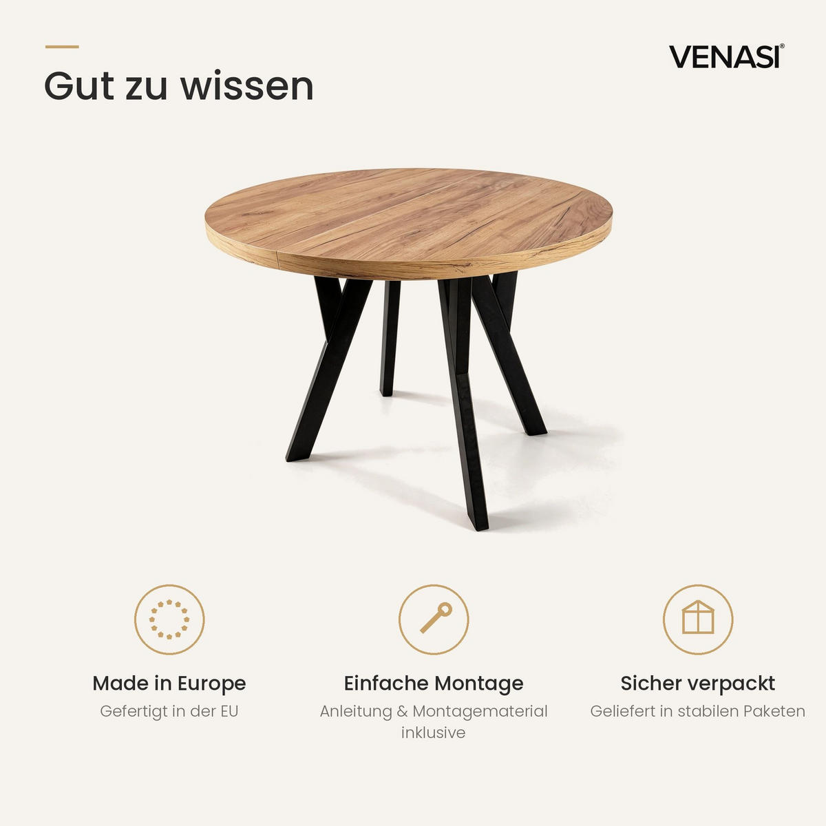 ESSTISCH ausziehbar rund 90-190 cm ATO Craft, Auszugstisch mit Einlegeplatte - Schwarz/Braun, Holzwerkstoff (90/90/77cm) - VENASI MÖBEL