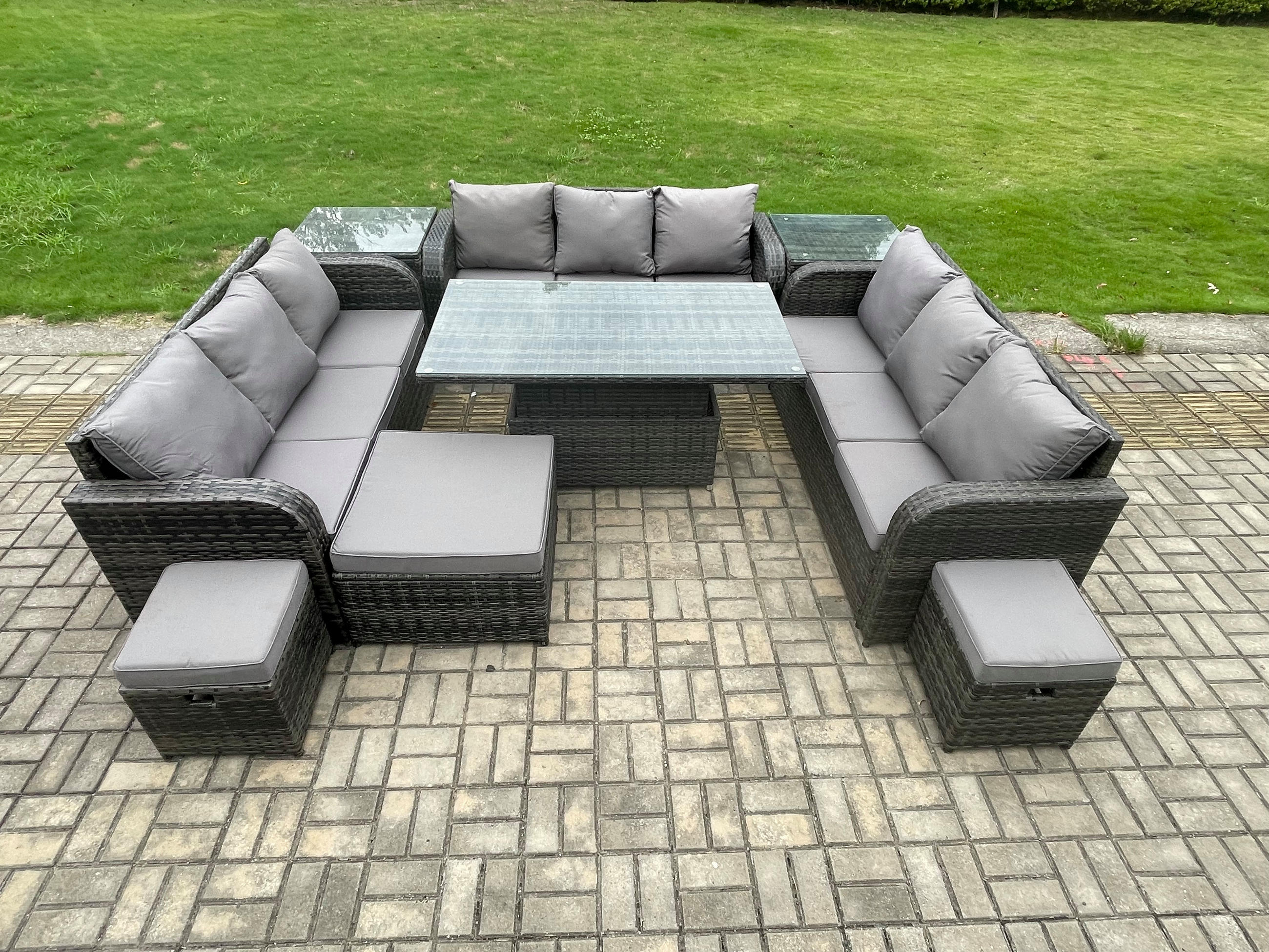 GARTENSOFA SET Polyrattan 12-Sitzer - Dunkelgrau/Grau, Glas/Kunststoff - Fimous