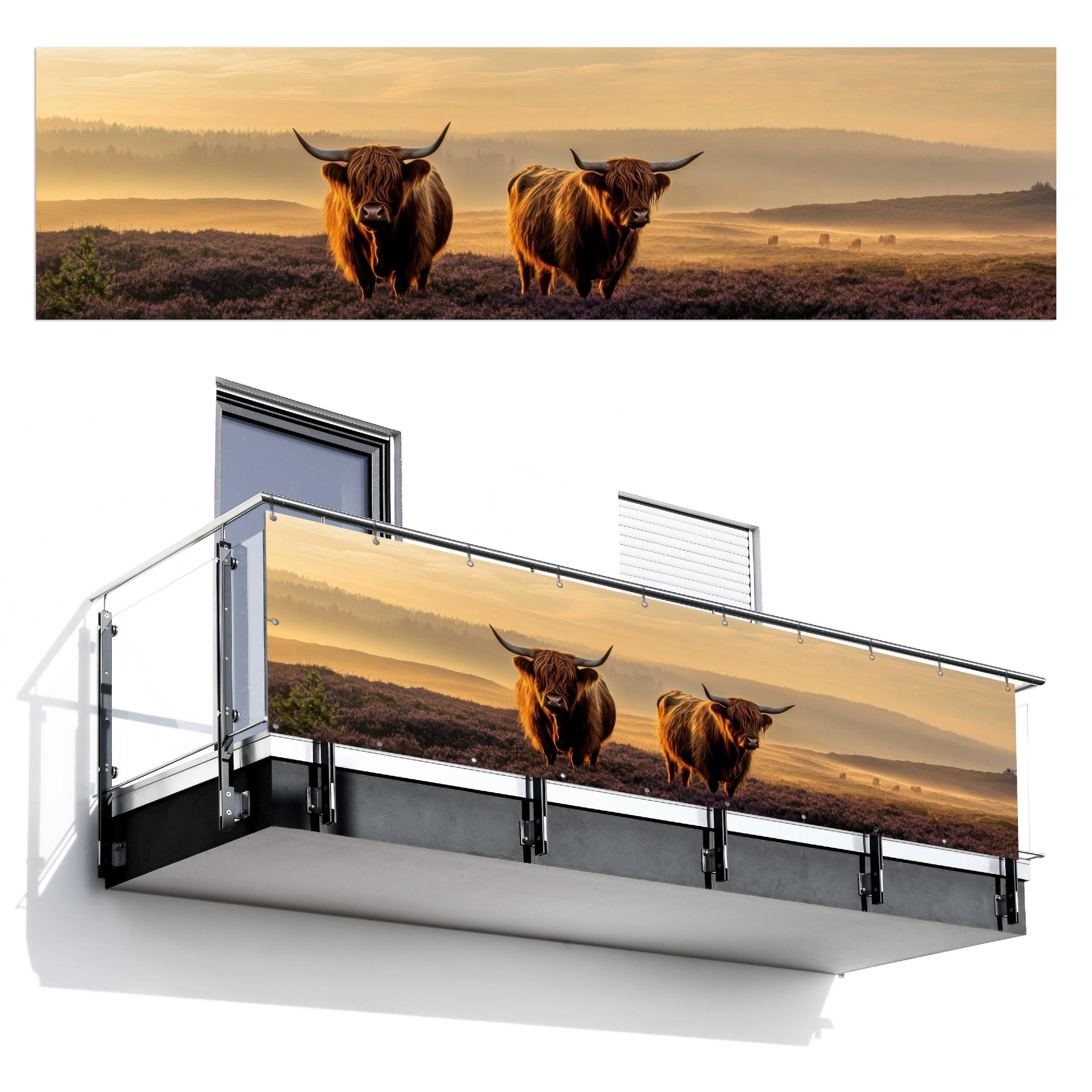 BALKON-SICHTSCHUTZ Schottische Hochlandbewohner - Heide - Landschaft - Tiere - Cognac, Kunststoff (300/85cm) - MuchoWow