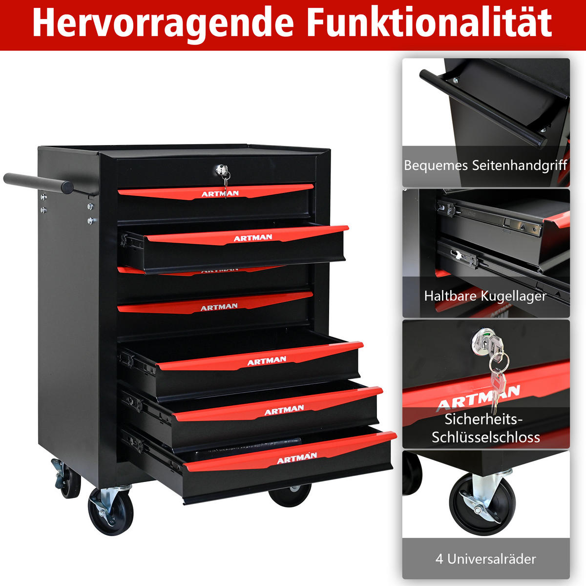 KOMBINATIONS-WERKZEUGSCHRANK – 7 Schubladen – 508 mm (20 Zoll) – Farbgebung: Schwarz und Rot - Multicolor, Metall (33/77.5/60cm) - DCA