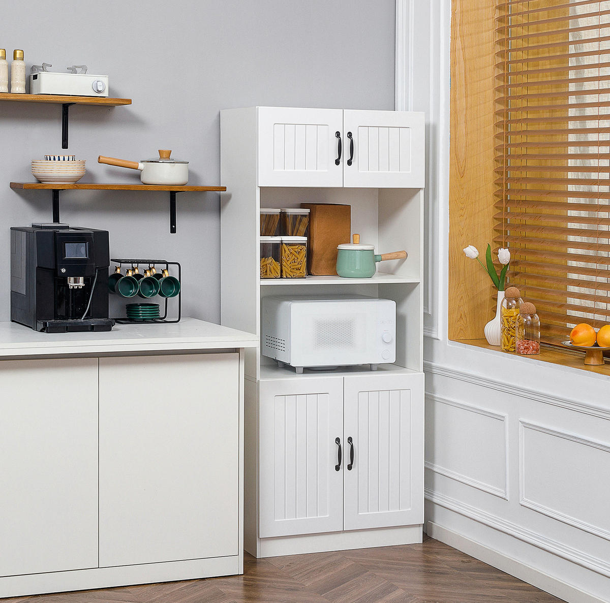 HIGHBOARD 70/40/170 cm in Weiß mit 4 Türen und verstellbaren Einlegeböden - Weiß, Holzwerkstoff (70/170/40cm) - Flora Grace