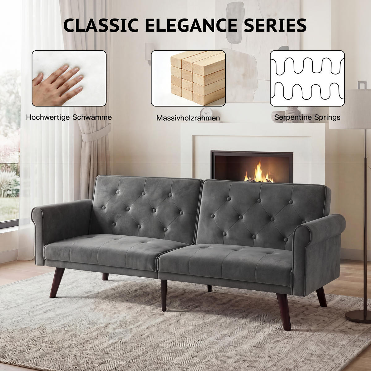 SCHLAFSOFA 150/89/70 cm in Grau Samt mit Verstellbarer Rückenlehne - Grau, Textil (172/70/89cm) - Oxeza