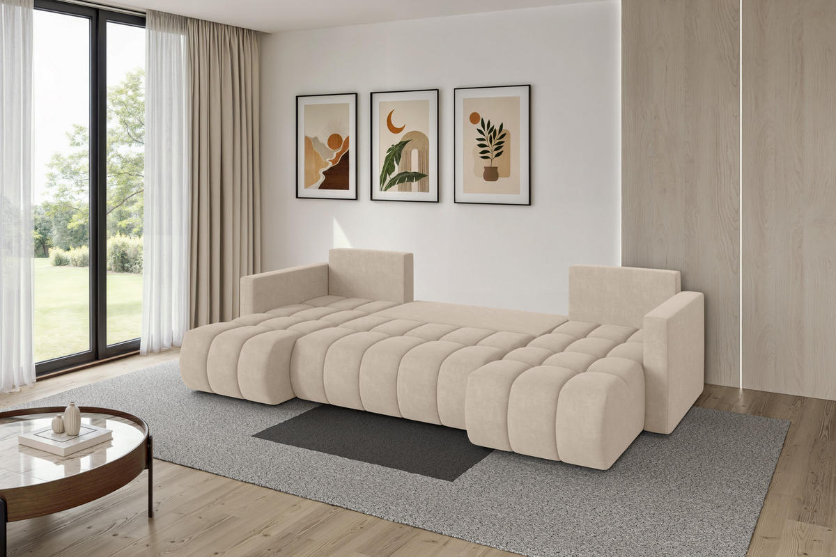 SEDACÍ SOUPRAVA DO U s funkcí spaní a úložným prostorem GARD-U 300x146x85 béžová velur - černá/Sahara, kompozitní dřevo/textil (300/85/146cm) - ALTDECOR