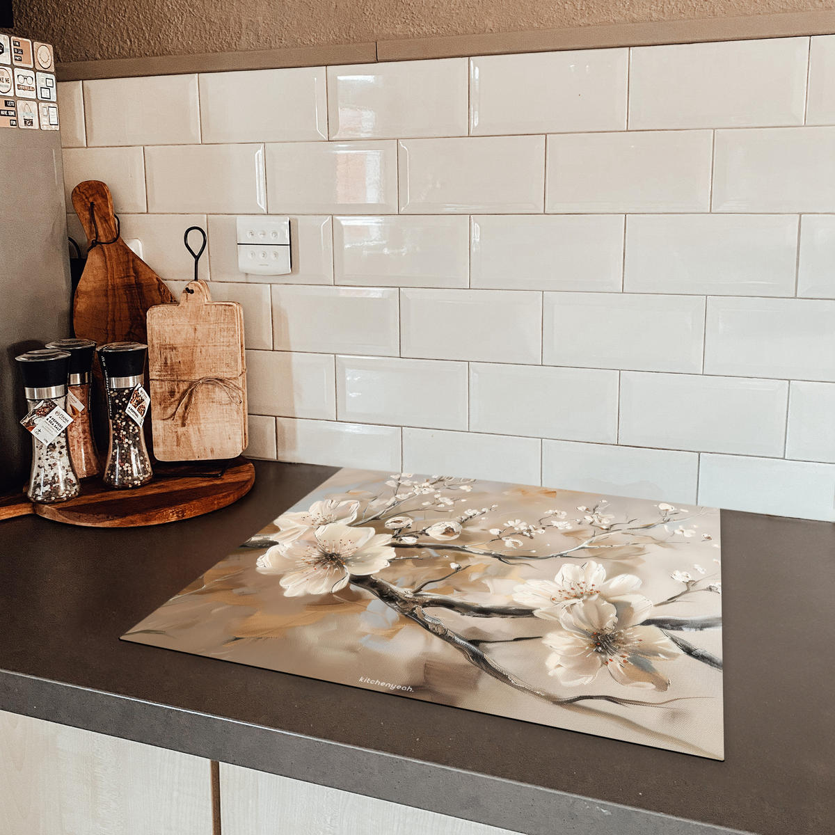 HERDABDECKPLATTE Blumen - Abstrakt - Gemalt - Beige 59x52 cm - Beige, Kunststoff (59/52/0.2cm) - MuchoWow