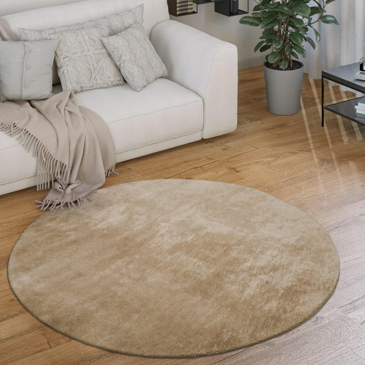 TEPPICH Kurzflor waschbar Unifarben Wohnzimmer schmutzabweisend Natur Rund 200D - Naturfarben, Textil (200/200cm) - KADIMA DESIGN