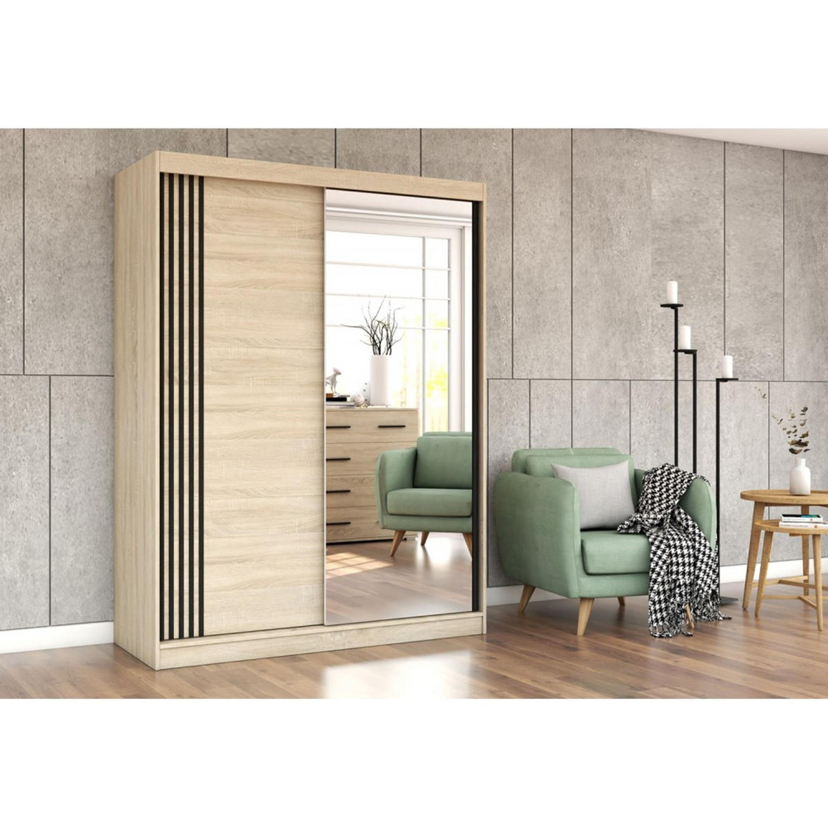 SCHIEBETÜRENSCHRANK - Lara 07 (Sonoma) - Sonoma Eiche, Holzwerkstoff/Metall (150/200/61cm) - Möblo