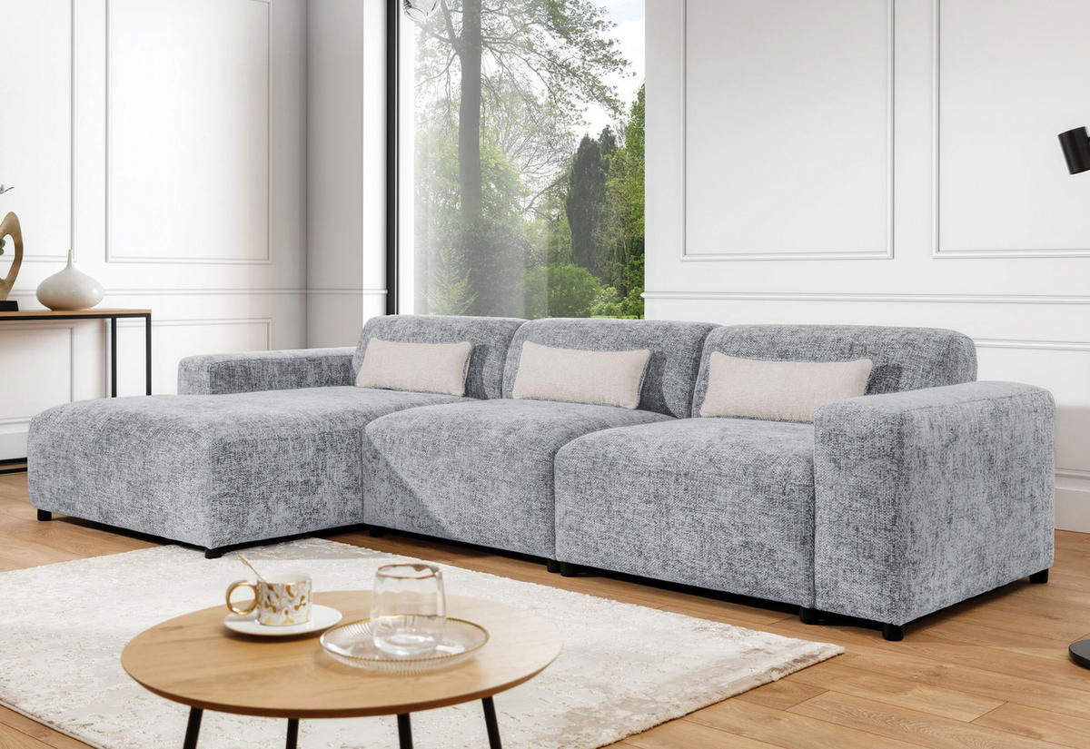 ECKSOFA L Form Jughlio Hellgrau 331/165/75 cm Links mit Schlaffunktion - Hellgrau/Schwarz, Kunststoff/Textil (165/331cm) - AX Living