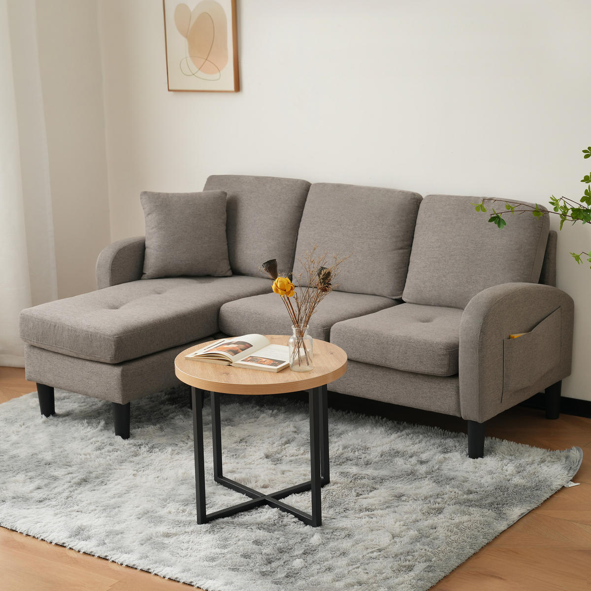 ECKSOFA L-Form 3-Sitzer mit Chaiselongue Baumwoll-Leinenstoff Dunkelgrau 166/118/77 cm - Dunkelgrau, Kunststoff (166/118cm) - OKWISH