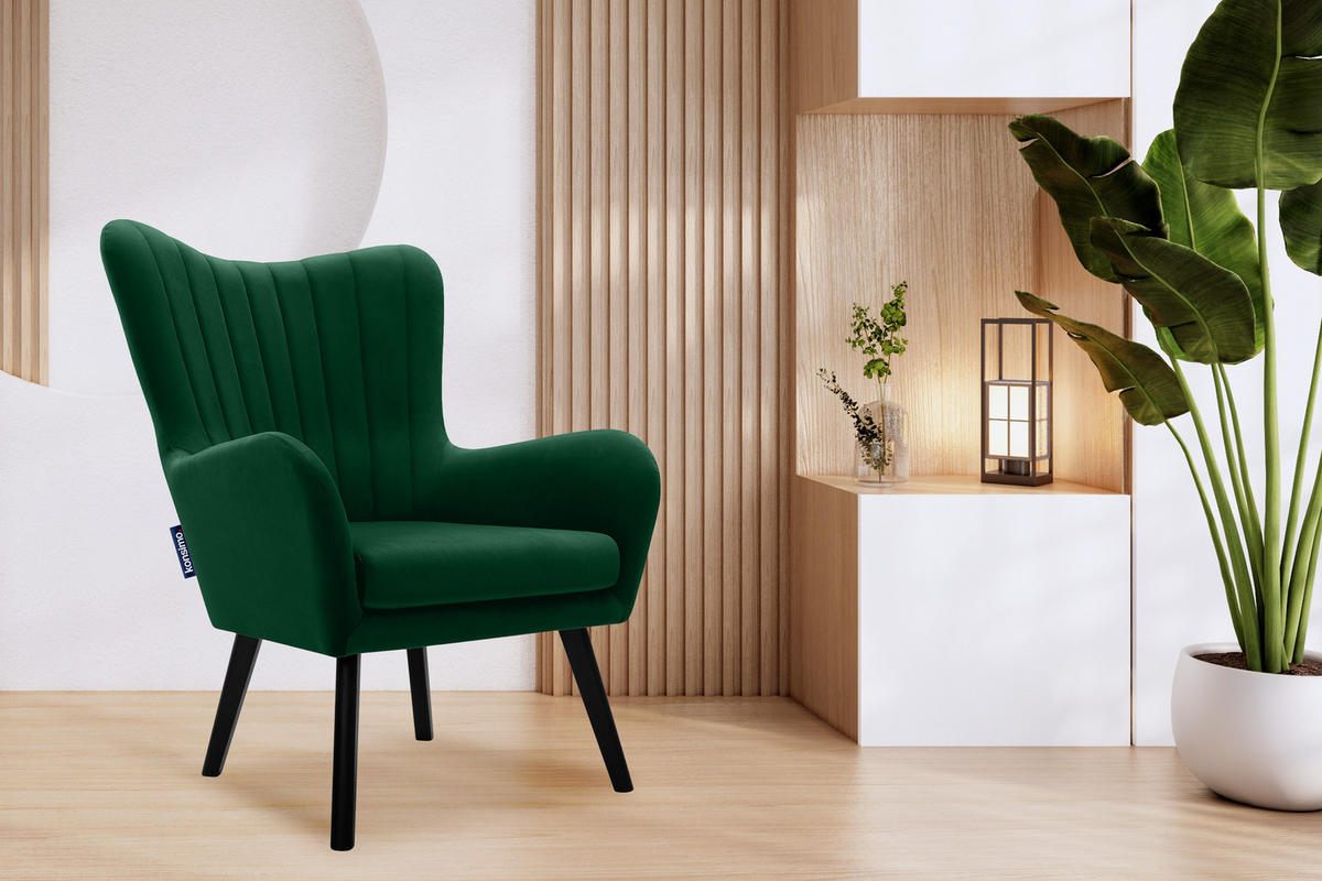 OHRENSESSEL GADI Velourstoff, Dunkelgrün - Dunkelgrün/Schwarz, Holz/Textil (76/100/78cm) - KONSIMO®