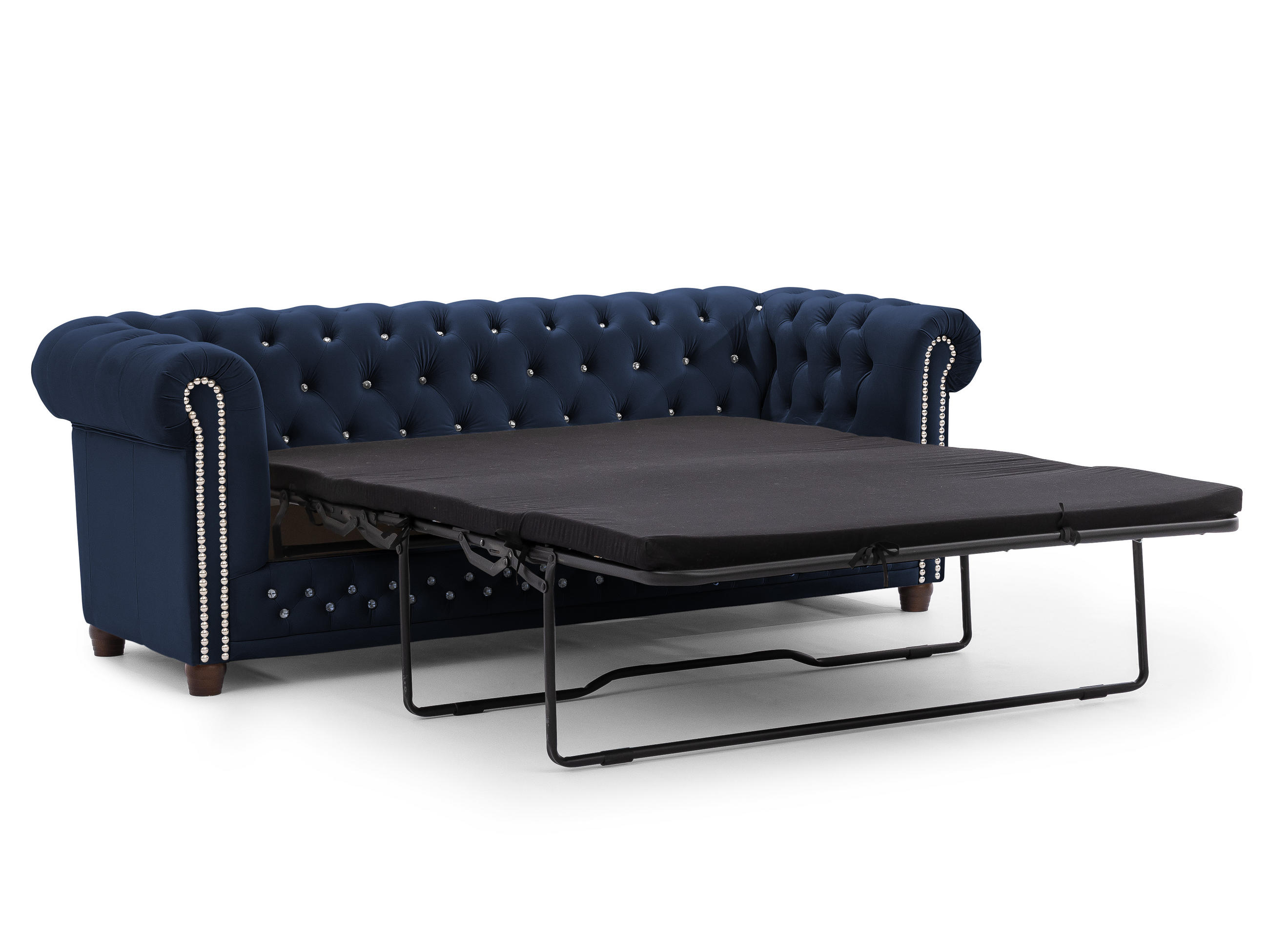 CHESTERFIELD-SOFA 3-Sitzer mit Schlaffunktion Cleo Blink Marineblau Samt mit Kristallsteppung und braunen Massivholzfüßen - Blau/Braun, Holz/Textil (203/72/86cm) - S-Style Möbel