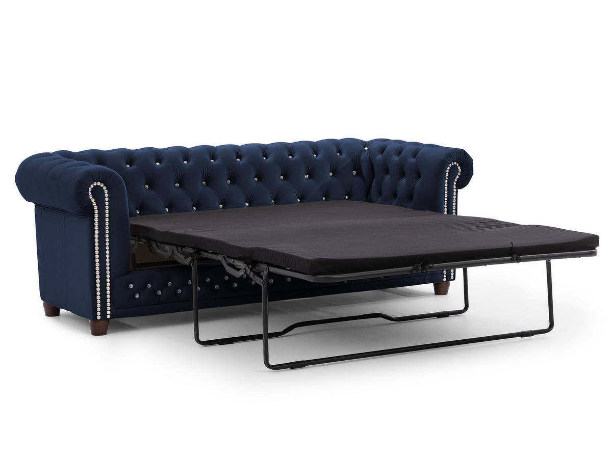 CHESTERFIELD-SOFA 3-Sitzer mit Schlaffunktion Cleo Blink Marineblau Samt mit Kristallsteppung und braunen Massivholzfüßen - Blau/Braun, Holz/Textil (203/72/86cm) - S-Style Möbel