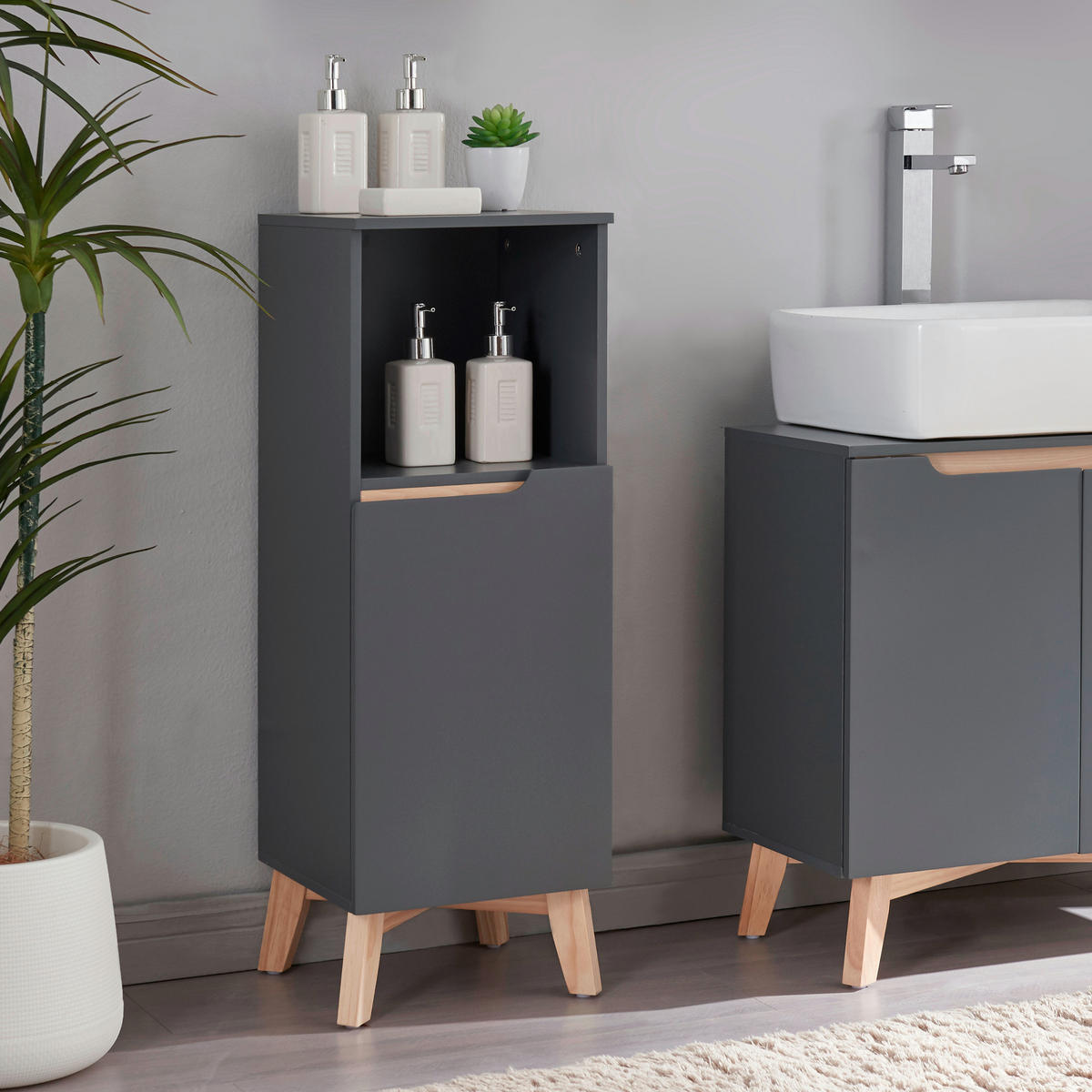 BADEZIMMERSCHRANK Overath - Dunkelgrau/Naturfarben, Holz/Holzwerkstoff (30/86/30cm) - [en.casa]
