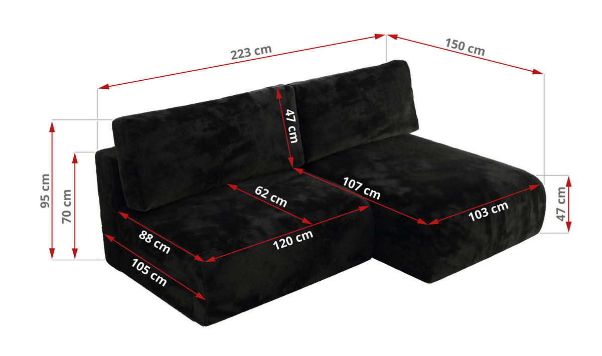 ECKSCHLAFSOFA VIVO L Schwarz Plüsch - links - Schwarz, Kunststoff/Textil (223/150cm) - MKS