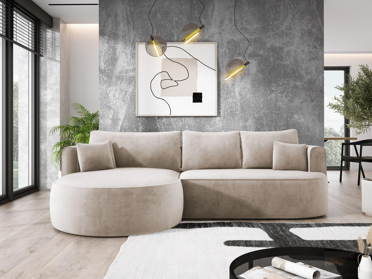 ECKSOFA FIORE L-förm Moderne Ausziehbare Schlaf-Funktion, automatischer Auffaltung, lose Rückenkissen freistehend LINKS 284x183x82cm Beige - Beige, Holz/Textil (183/284cm) - DomoHome