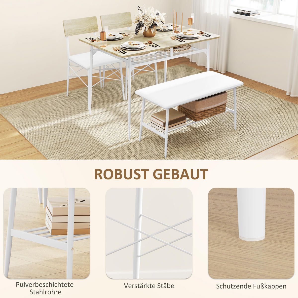 ESSGRUPPE 4er-Set, Esstisch mit Bank und 2 Stühlen, Küchentisch-Set mit Ablage - Eichefarben/Weiß, Kunststoff/Metall (70/75/110cm) - HOMCOM
