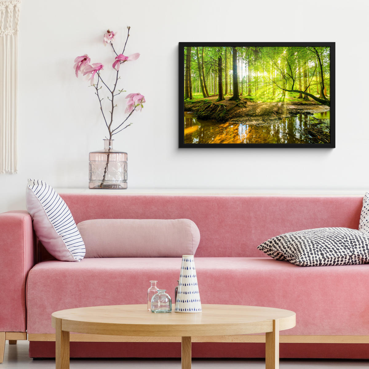 POSTER MIT RAHMENGERAHMTES BILD Wald - Landschaft - Wasser - Bäume - Sonne - Grün - Natur 60x40 cm - Grün, Papier (60/40cm) - MuchoWow
