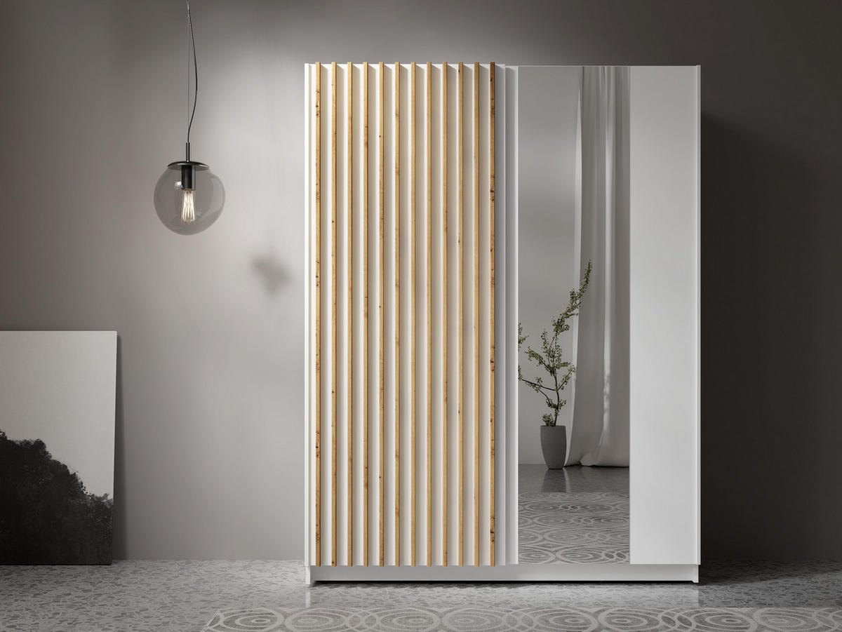 SCHIEBETÜRENSCHRANK DIVORA 10 -150,6×198,5×55 cm mit Spiegel, Regalen & Kleiderstange Weiß - Weiß, Holz/Holzwerkstoff (150.6/198.5/55cm) - Milaros Markt