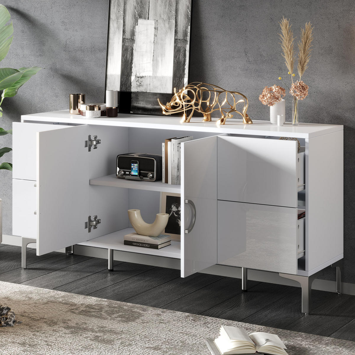 SIDEBOARD Weiß MDF 4 Schubladen 2 Türen 150x38x59.5cm Hochglanz - Weiß, Holzwerkstoff (38/59.5/150cm) - FLIEKS