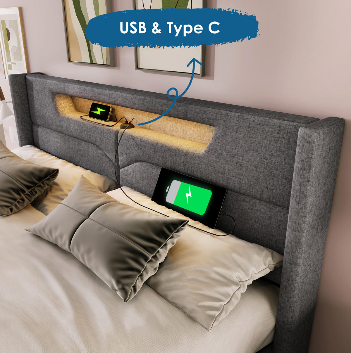 ČALOUNĚNÁ postel 160/200 cm s LED osvětlením, USB a USB-C nabíjením, úložným prostorem a matrací, Šedá - šedá, textil (160/160cm) - Redom