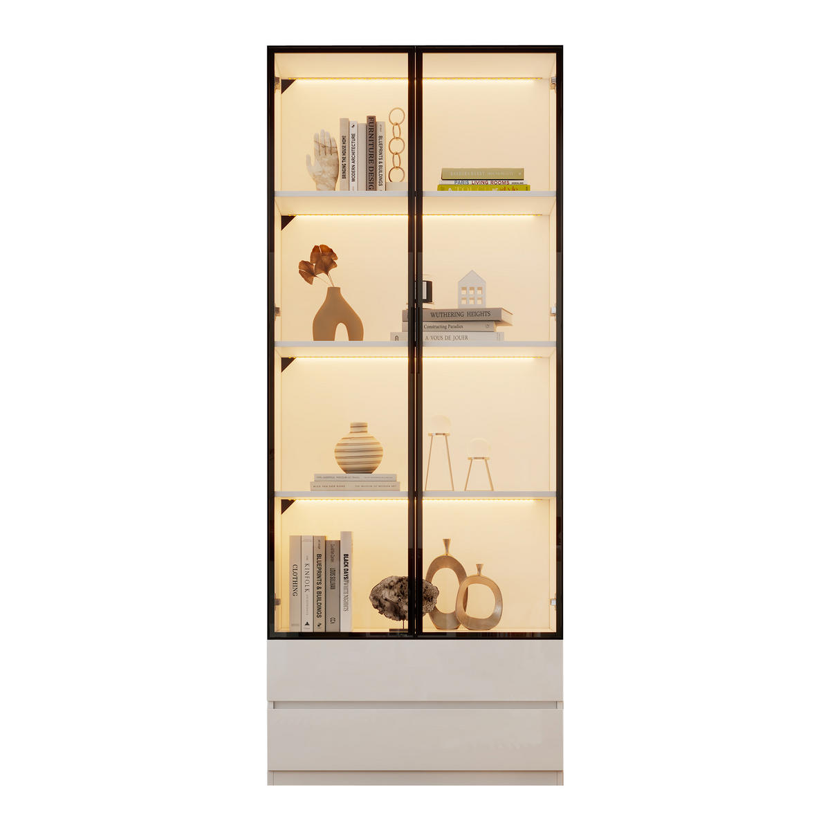 VITRINE weiß aus MDF mit Aluminium-Glastüren, zwei Schubladen und App-gesteuerter LED-Beleuchtung 80 × 34 × 200 cm - Weiß, Holzwerkstoff (80/200/34cm) - Luhomfu