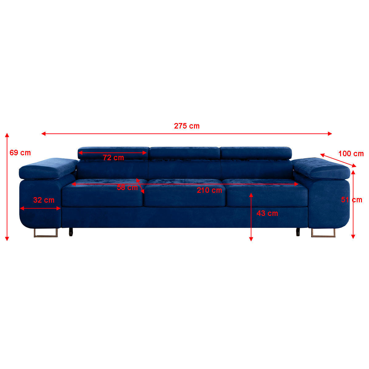 SCHLAFSOFA Wilson 3 Sitzplätze Blau - Blau, Holzwerkstoff (275/69/100cm) - Petits-meubles
