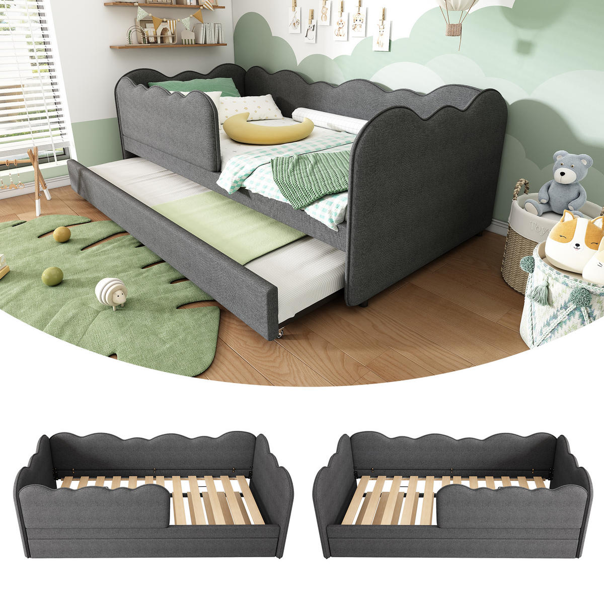 AUSZIEHBETT 90/190 cm mit Rausfallschutz, Wolken-Kopfteil & Leinenbezug, Grau - Grau, Textil (90/190cm) - Redom