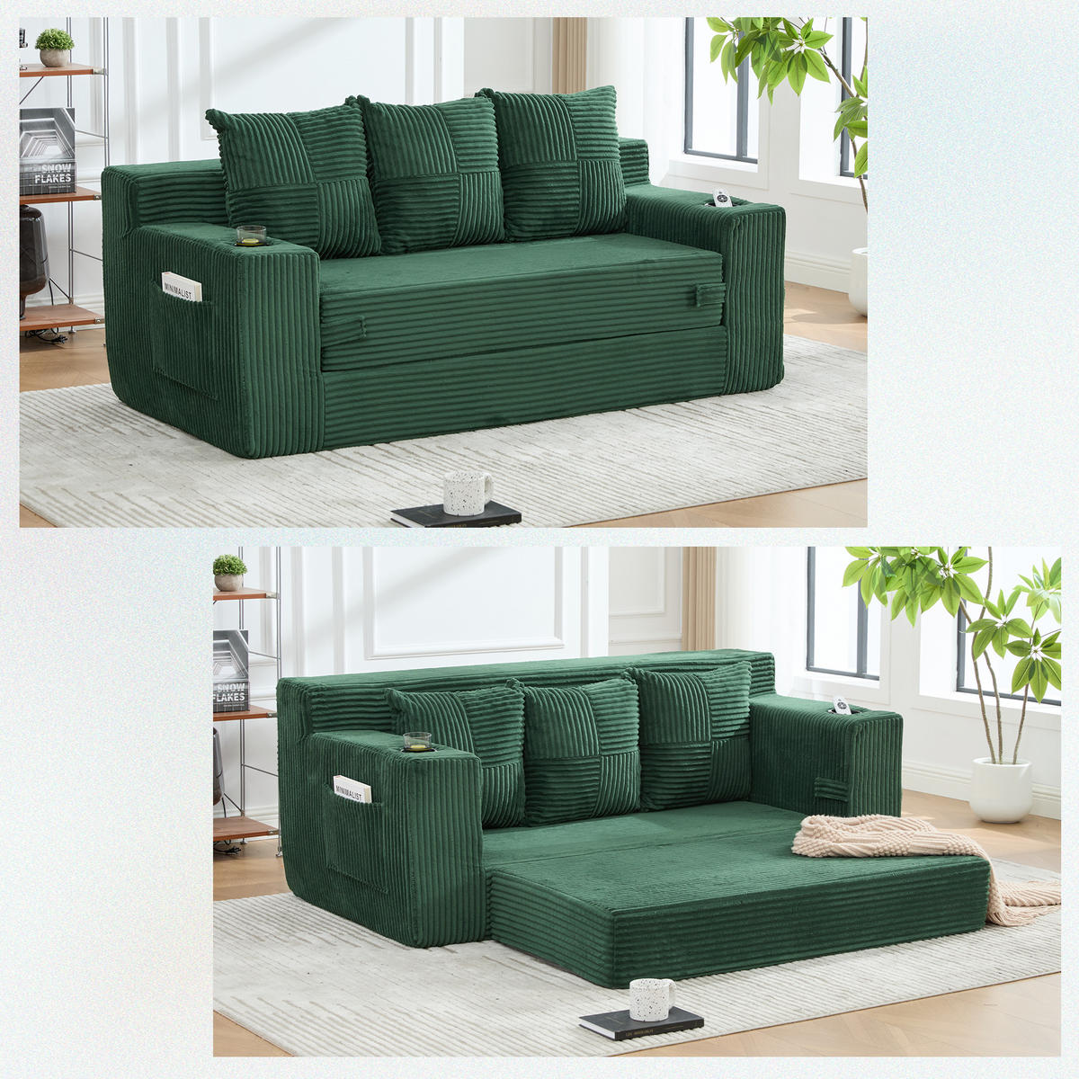2-SITZER Bodensofa ausklappbar, Getränkehalter/Seitentaschen, Cord, Grün - Grün, Textil (172/64/87cm) - LVHOM