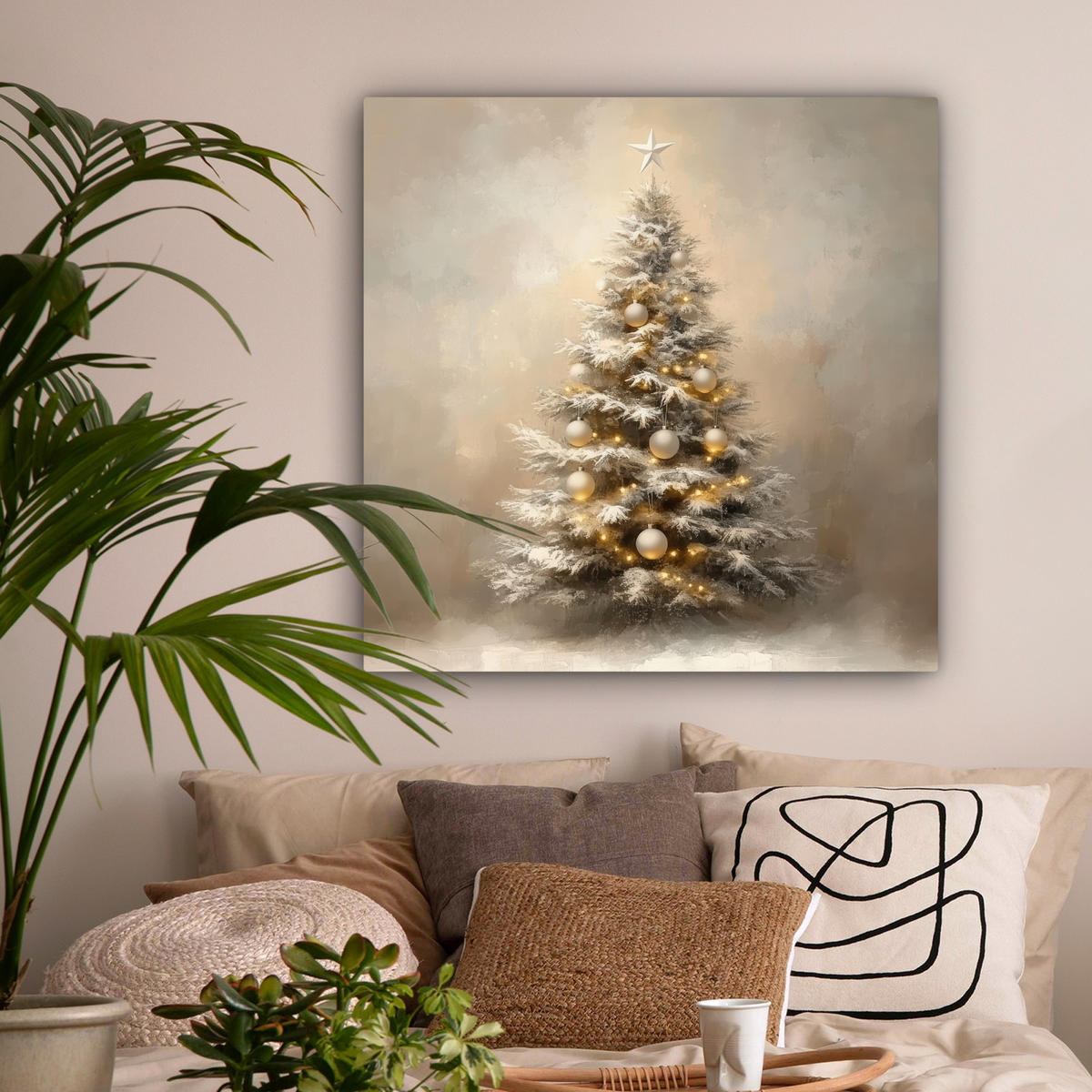 LEINWANDBILD Weihnachten - Weihnachtsbaum - Schnee - Kunst Deko Groß 90x90 cm - Champagner, Textil (90/90cm) - MuchoWow