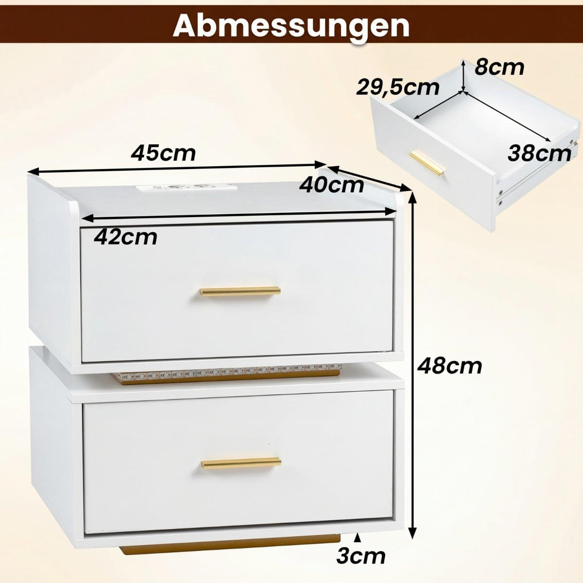 NACHTTISCH mit LED-Ladestation, 2 Schubladen, halb-schwebendes Design, Metallfuß, Schwarz/Weiß - Multicolor/Schwarz, Holzwerkstoff/Metall (45/48/40cm) - DESIGN IN