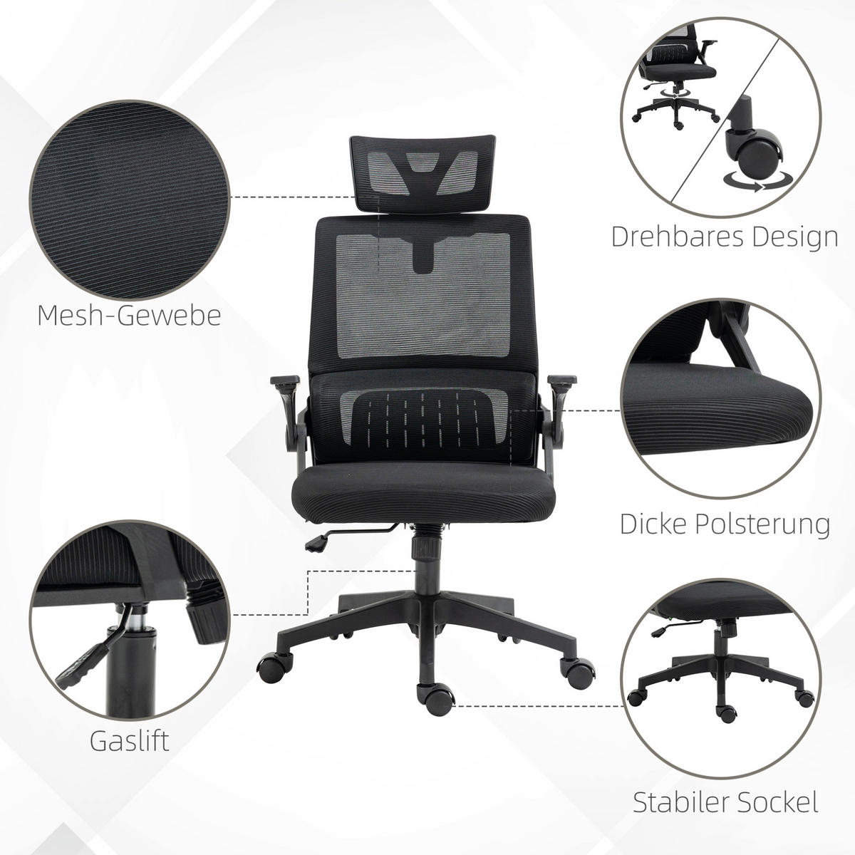 GAMINGSTUHL 58/102-119/61 cm Schwarz aus Mesh mit Kopf- und Lendenstütze - Schwarz, Textil (61/119/58cm) - OKMYHOME