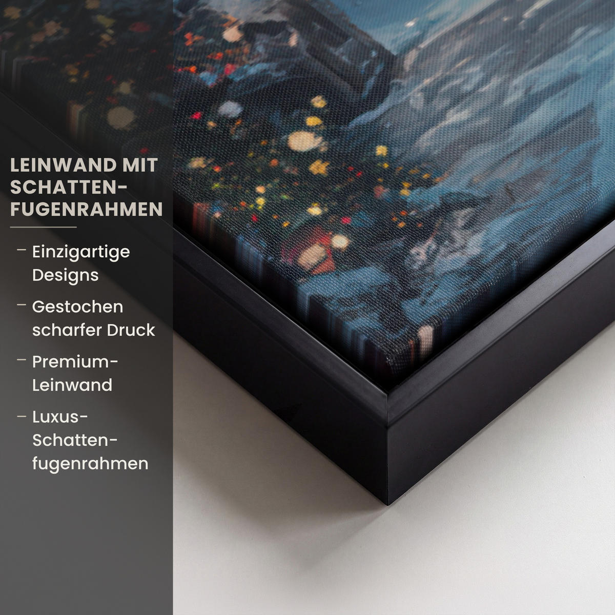 LEINWAND Bilder mit Rahmen - Weihnachtsdorf - Weihnachten - Schnee - Winter - 90x60 - Dunkelblau, Textil (90/60cm) - MuchoWow