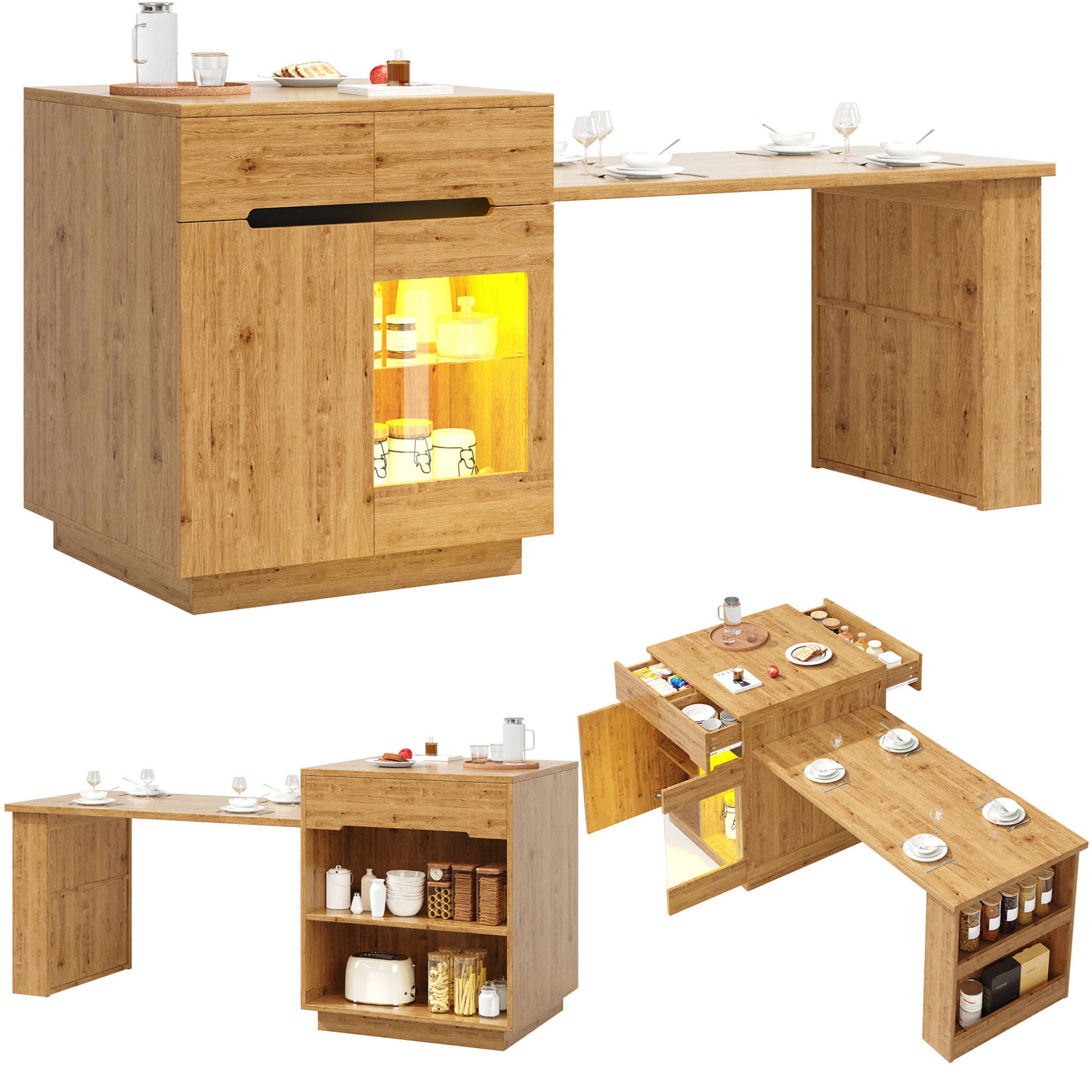 KÜCHENINSEL 122-195/70/93,5 cm mit ausziehbarem Tisch, LED-Beleuchtung und viel Stauraum, Holzfarben - Braun, Holzwerkstoff (122/93.5/70cm) - Redom