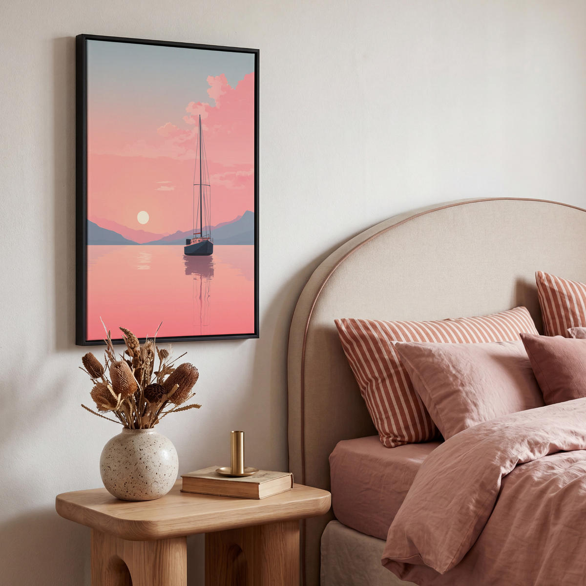 LEINWAND Bilder mit Rahmen - Segelboot - Rosa Meer - Sonnenuntergang - Berge - 40x60 - Rosa, Textil (40/60cm) - OnlyWow