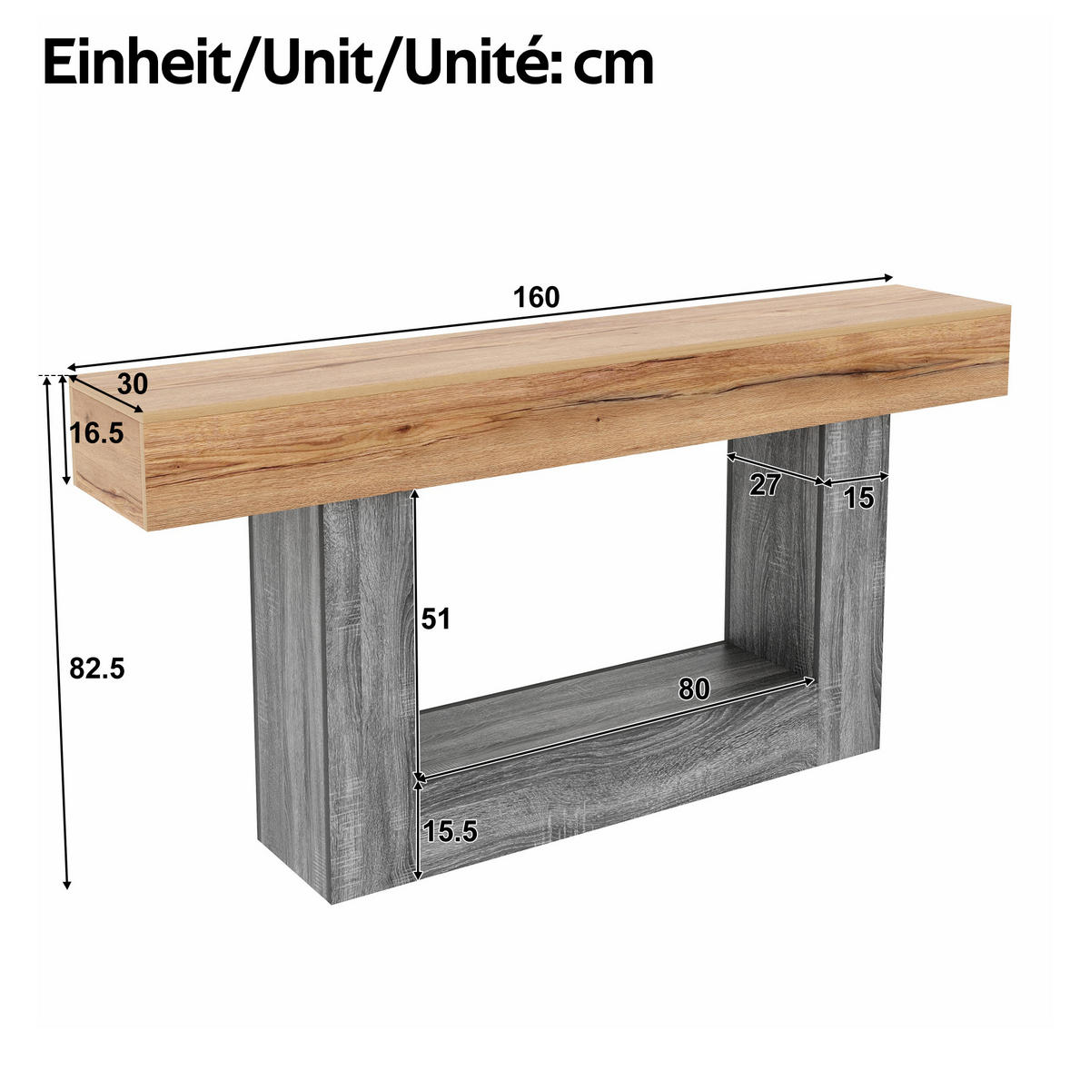 KONSOLENTISCH Holzoptik Ablagefach - Naturfarben, Holzwerkstoff (30/160/82.5cm) - Fortuna Lai