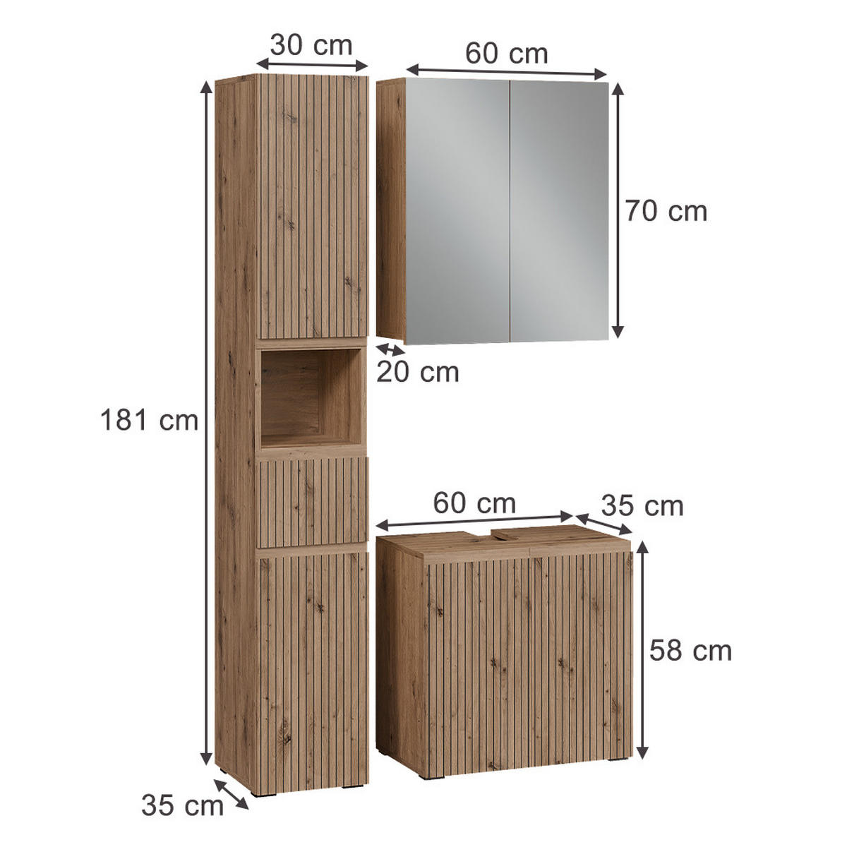 BADMÖBEL-SET Takumi Artisan 3 Teile - Eiche Artisan, Holzwerkstoff (60/58/35cm) - Vicco