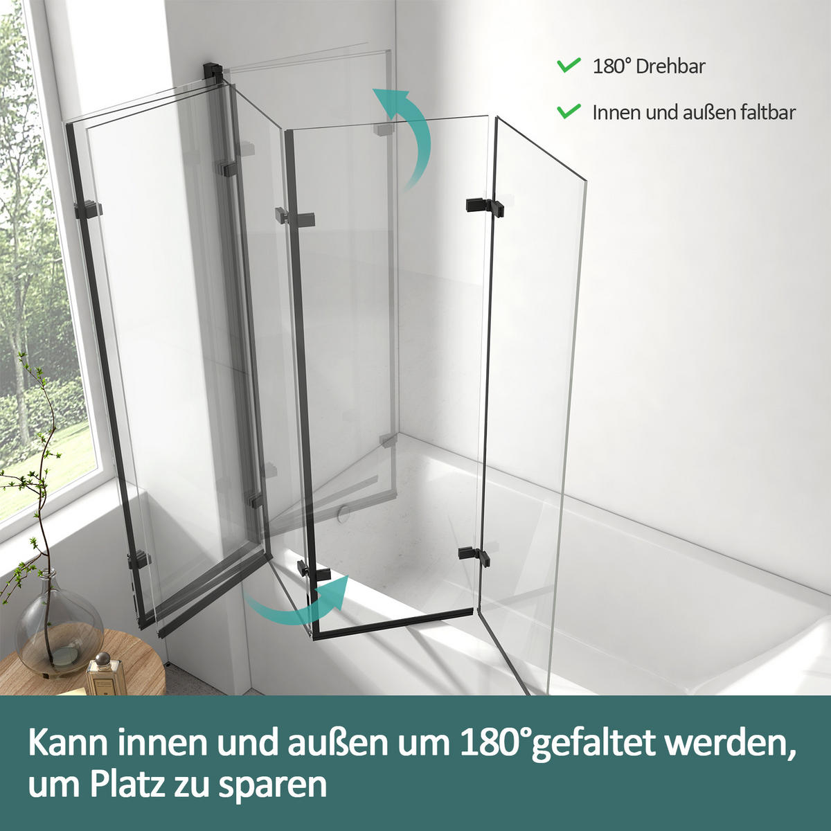 DUSCHWAND für Badewannen Faltbar mit Schwenkfunktion Schwarz 140/130 cm - Schwarz, Glas (130/140cm) - EMKE