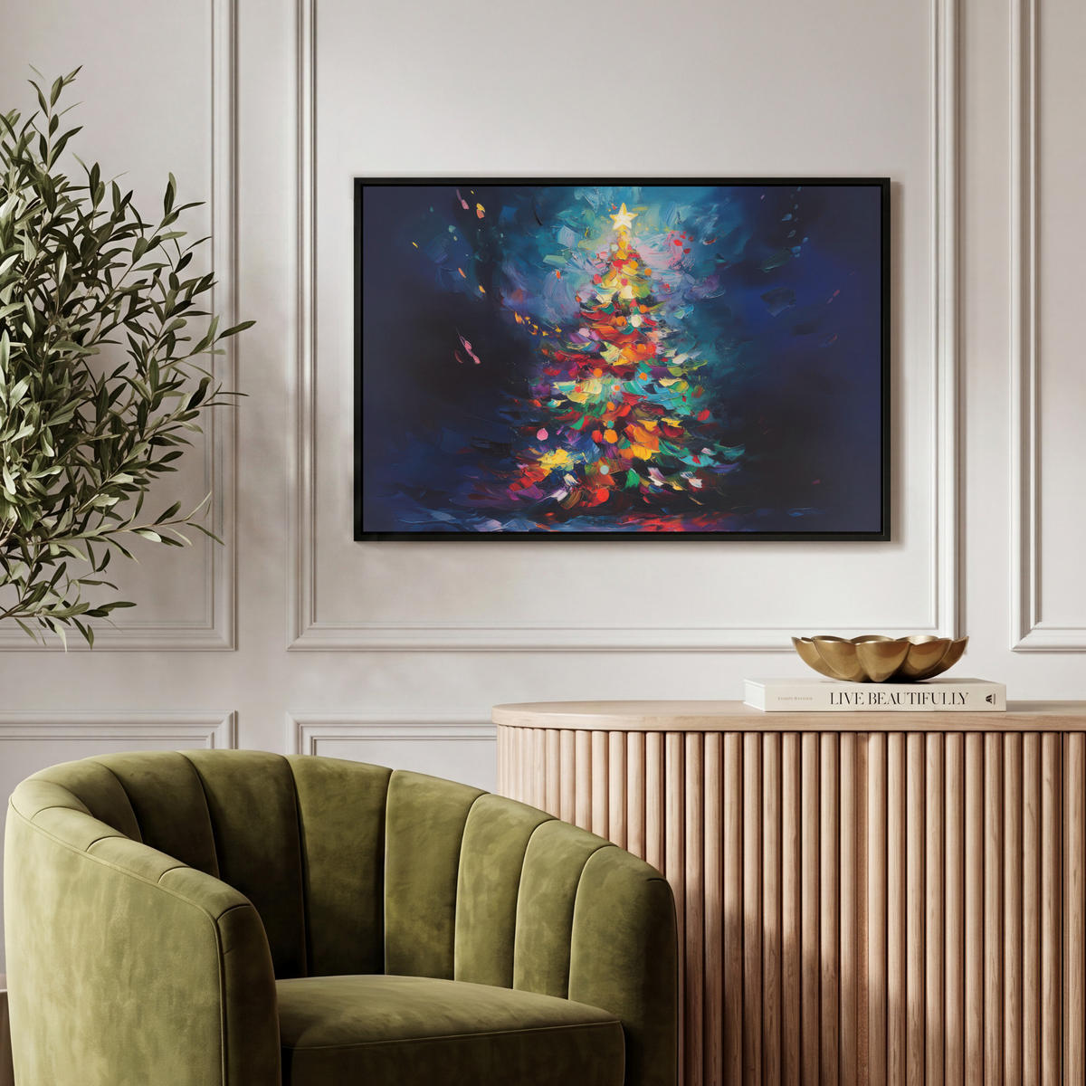 LEINWAND Bilder mit Rahmen - Weihnachtsbaum - Weihnachten - Abstrakt - Farbenfroh - 60x40 - Multicolor, Textil (60/40cm) - MuchoWow