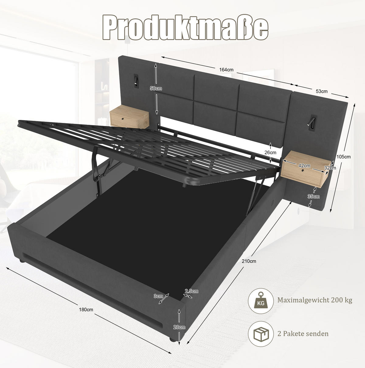 BETT mit Stauraum 180x200 cm Samt Dunkelgrau mit USB-C und LED - Dunkelgrau, Metall (180/200cm) - Meubliv
