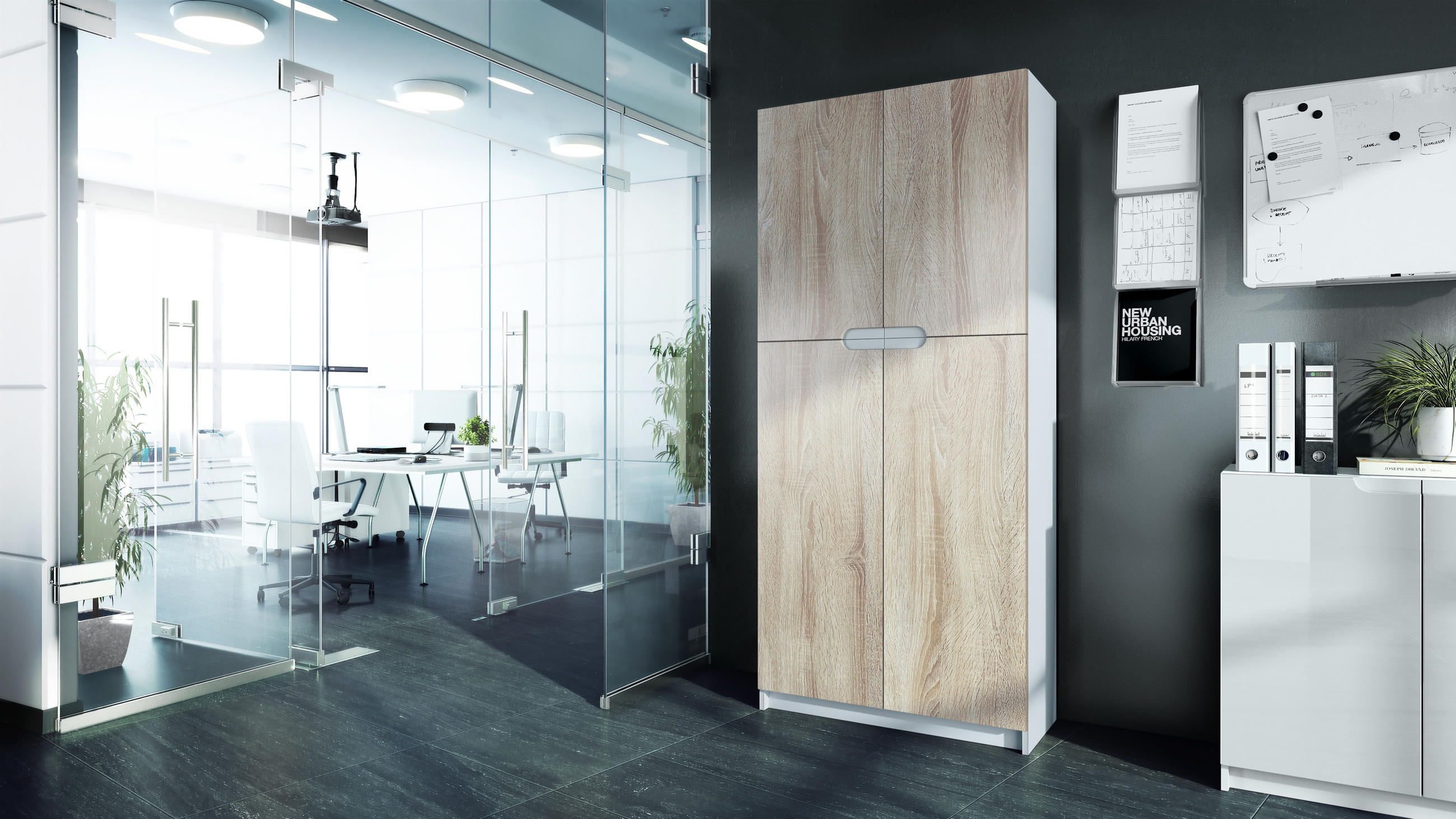 BÜROSCHRANK Logan Fronten in Eiche sägerau - Eiche San Remo, Holzwerkstoff (82/185/37cm) - Vladon