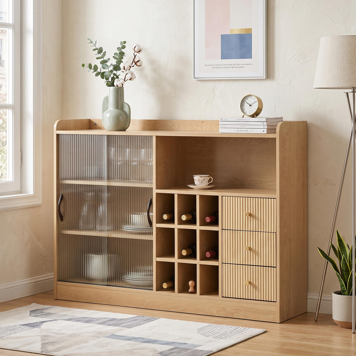 SIDEBOARD Holzoptik mit LED, Glas-Schiebetüren, Weinregal & 3 Schubladen - Naturfarben, Holzwerkstoff (120/85/30cm) - Urban Meuble