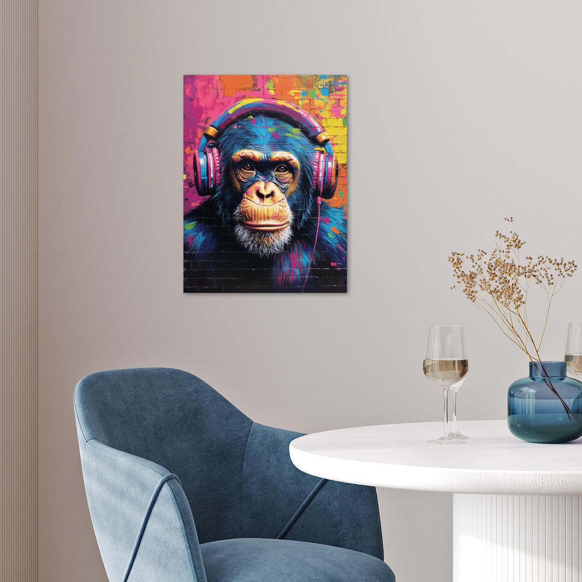 POSTER Graffiti - Schimpanse - Straßenkunst - Kopfhörer - Affe 30x40 cm - Blau, Papier (30/40/0.1cm) - MuchoWow