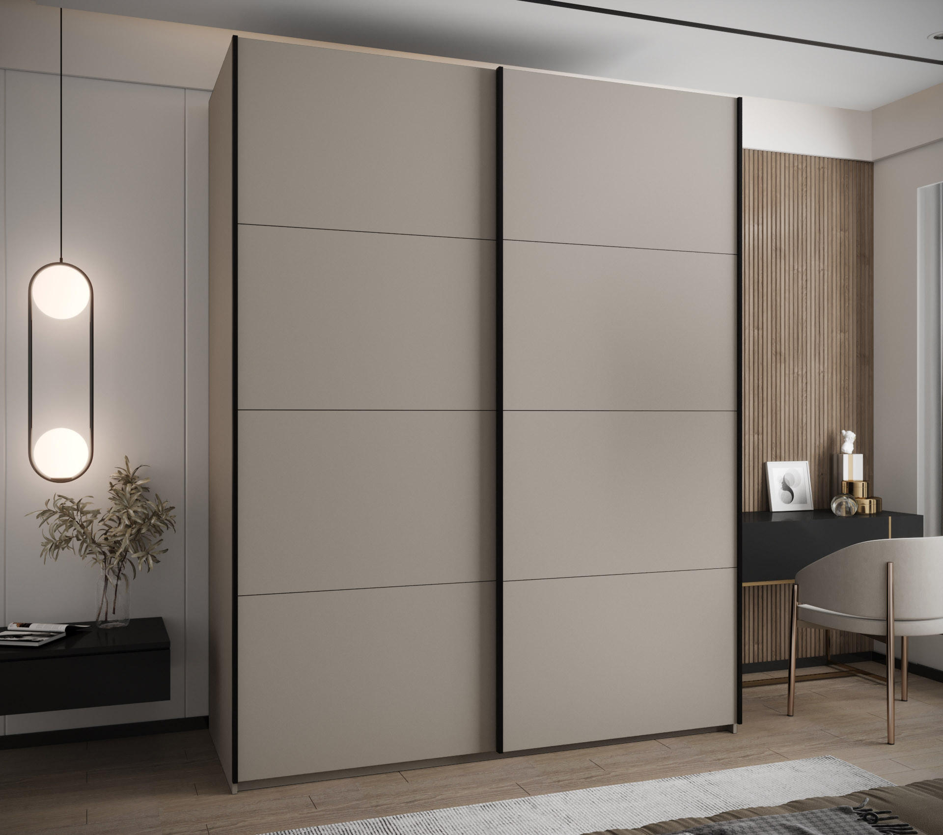 SCHWEBETÜRENSCHRANK 245,5/200/64 2-türig - Kaschmir/Schwarz, Holz/Metall (200/245/64cm) - Abiks Möbel