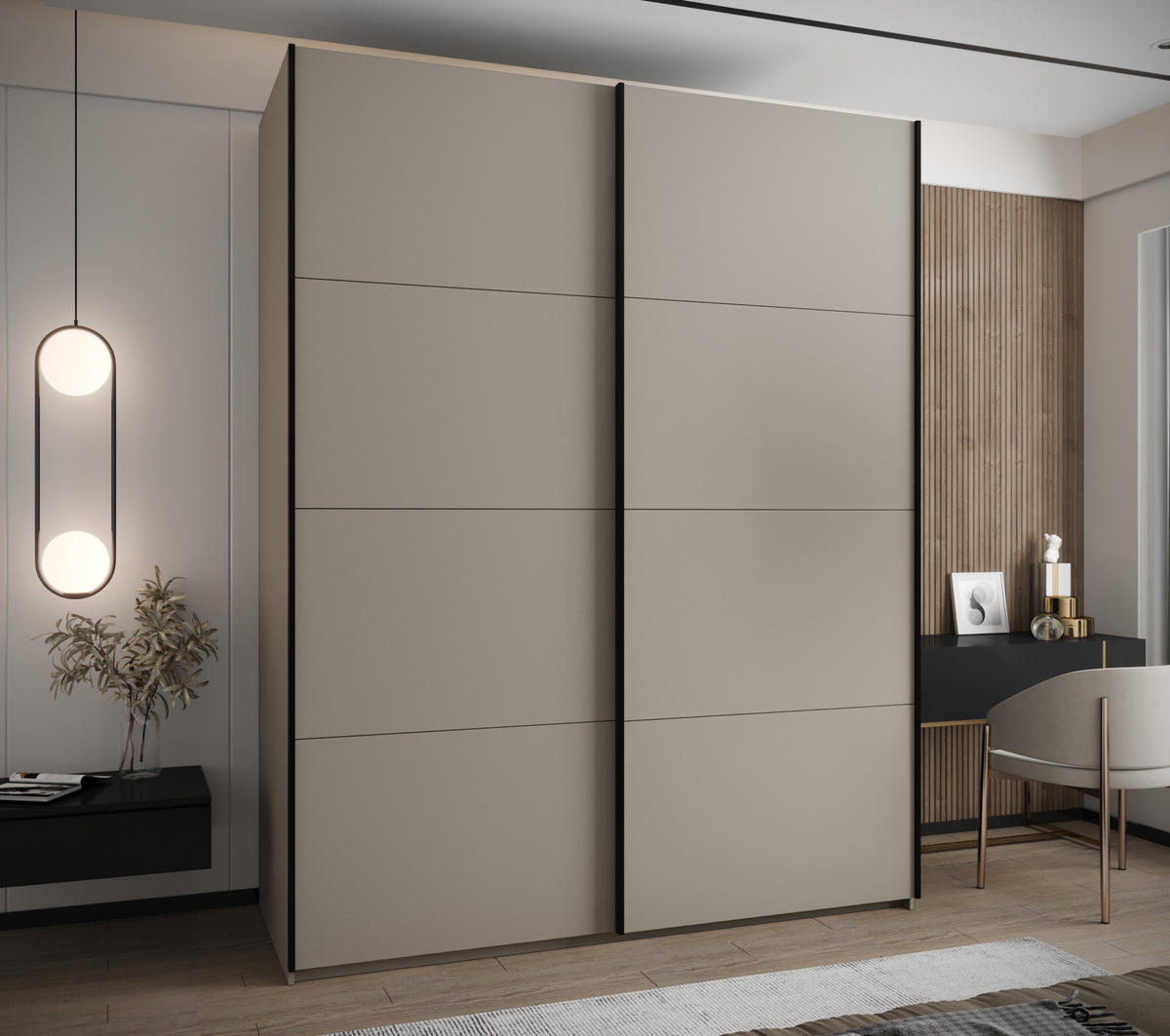 SCHWEBETÜRENSCHRANK 245,5/200/64 2-türig - Kaschmir/Schwarz, Holz/Metall (200/245/64cm) - Abiks Möbel