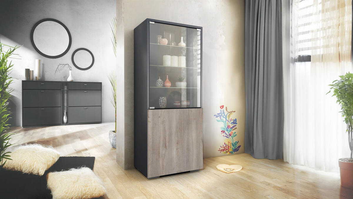 VITRINE Granada Eiche Nordic - Silbereichenfarben, Holzwerkstoff (50/122.5/34.5cm) - Vladon