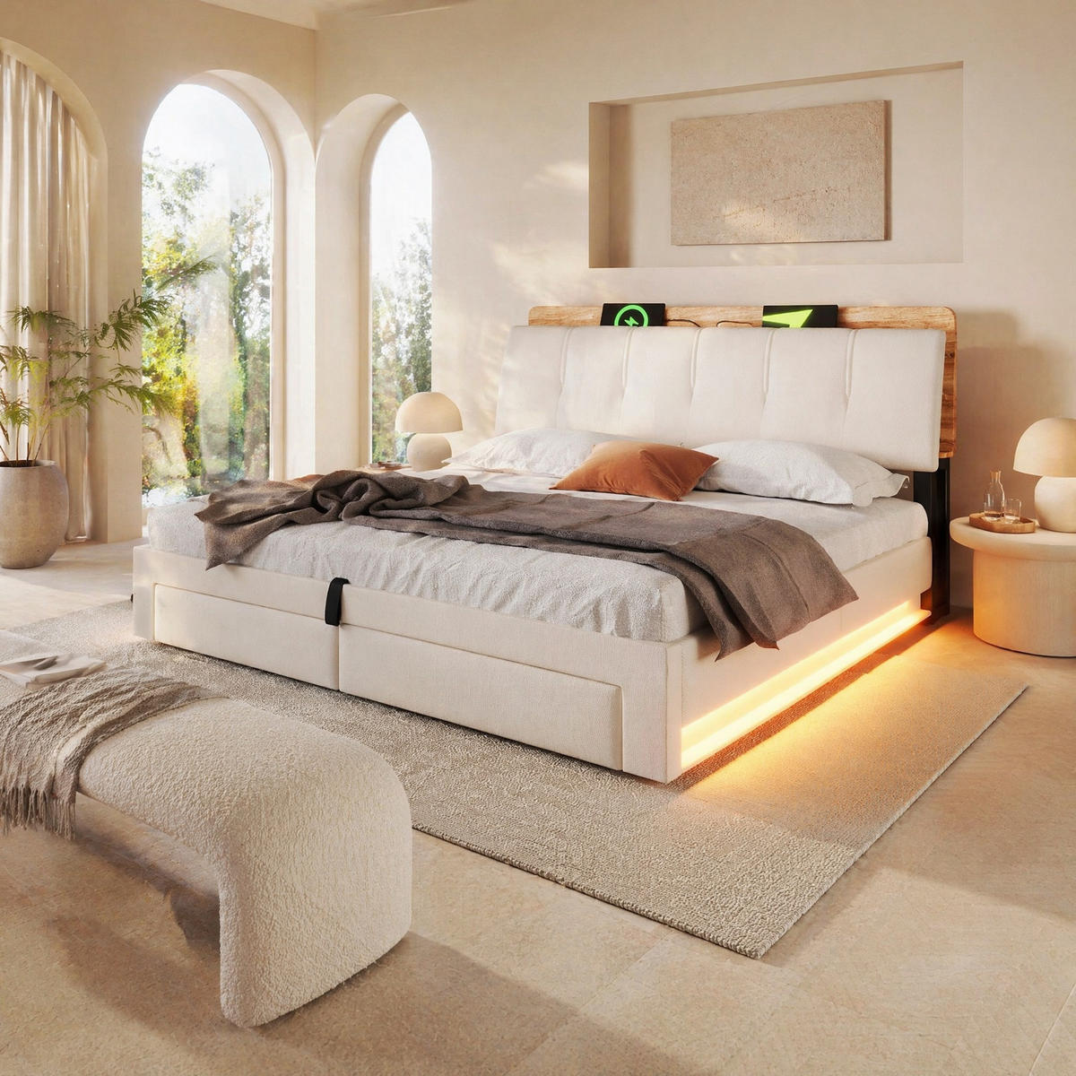POLSTERBETT 180/200 cm in Beige mit Bettkasten, LED, USB und Typ-C, Schubladen, Leinen - Beige, Holzwerkstoff/Textil (180/200cm) - CHICFURN